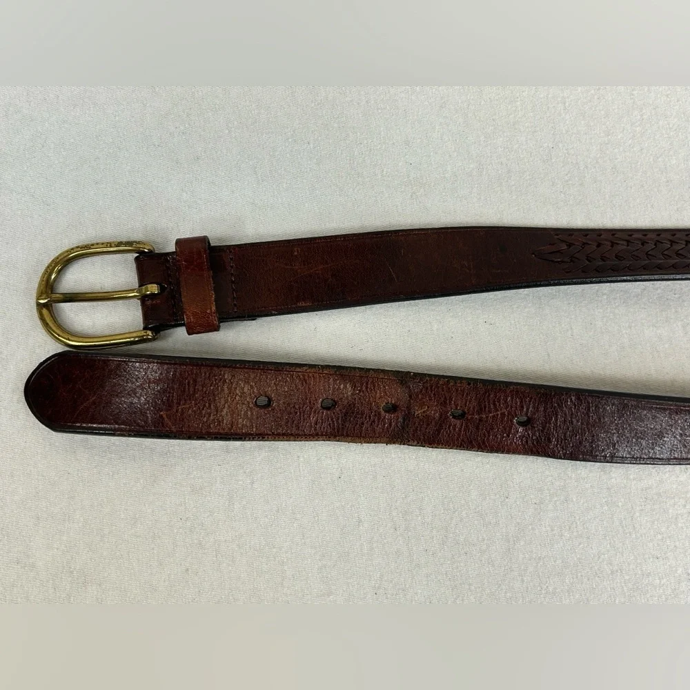 Vintage Brown Leather Belt with Brass Buckle Braided Accent Size 36/38 Mens